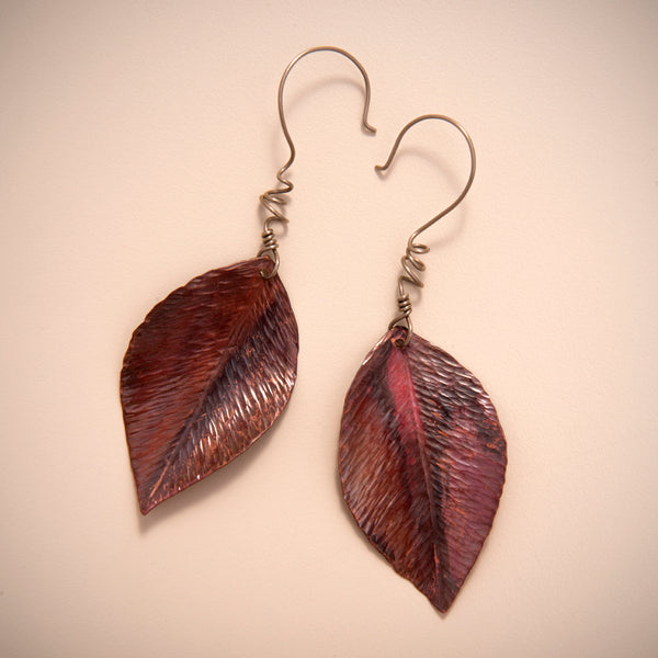 Copper Black Cherry Leaf Earrings