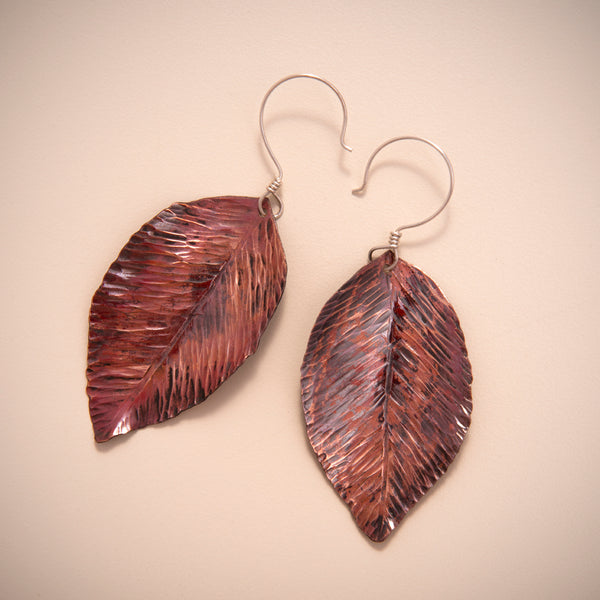 Copper Black Cherry Leaf Earrings