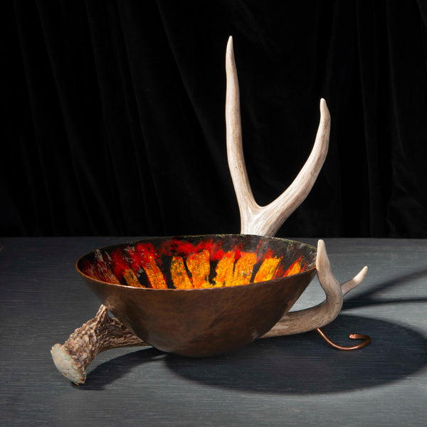 Copper Enameled Bowl with Antler Stand